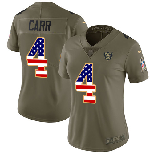 Nike Raiders #4 Derek Carr Olive/USA Flag Women's Stitched NFL Limited Salute to Service Jersey - Click Image to Close